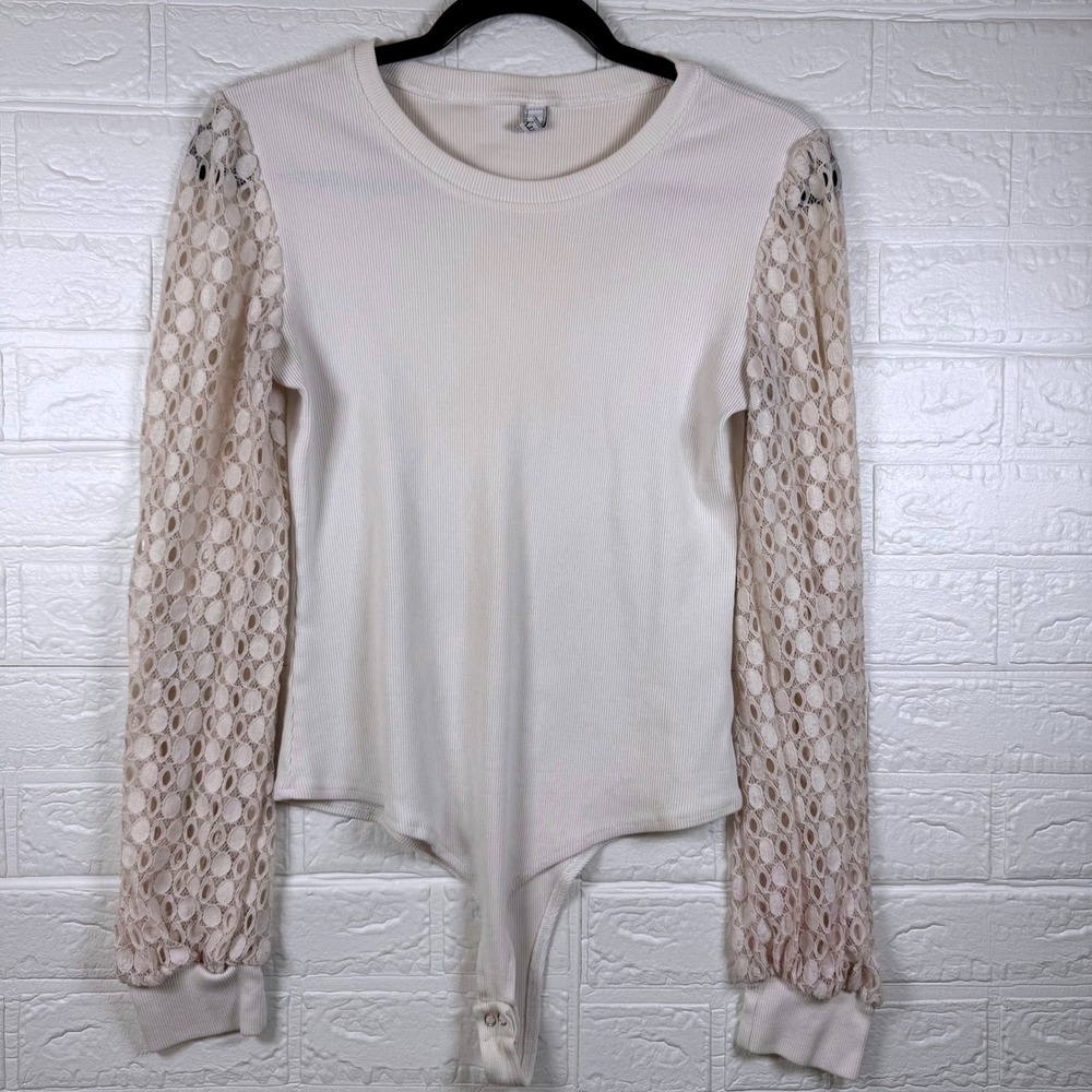 Berryou Bodysuit Women XSmall Cream Ribbed Knit Sheer Lace Long Sleeve
